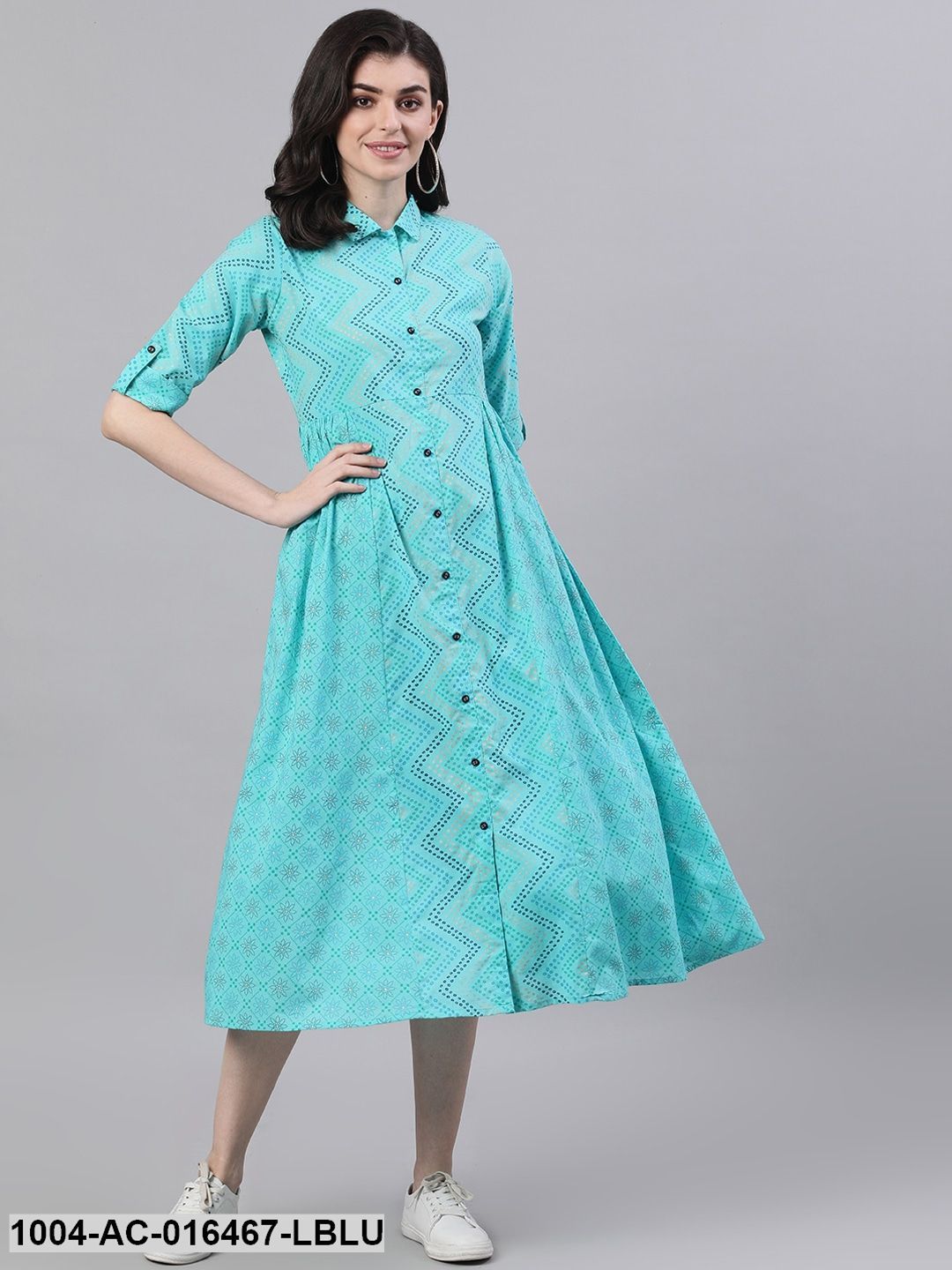 Blue Chevron Printed Shirt Collar Cotton Maxi Dress