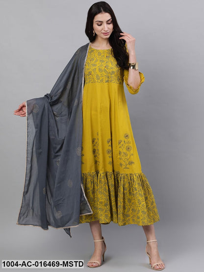 Yellow Floral Printed Round Neck Cotton Maxi Dress With Dupatta