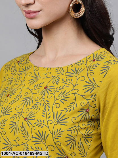 Yellow Floral Printed Round Neck Cotton Maxi Dress With Dupatta