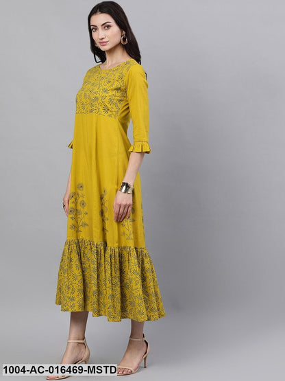Yellow Floral Printed Round Neck Cotton Maxi Dress With Dupatta