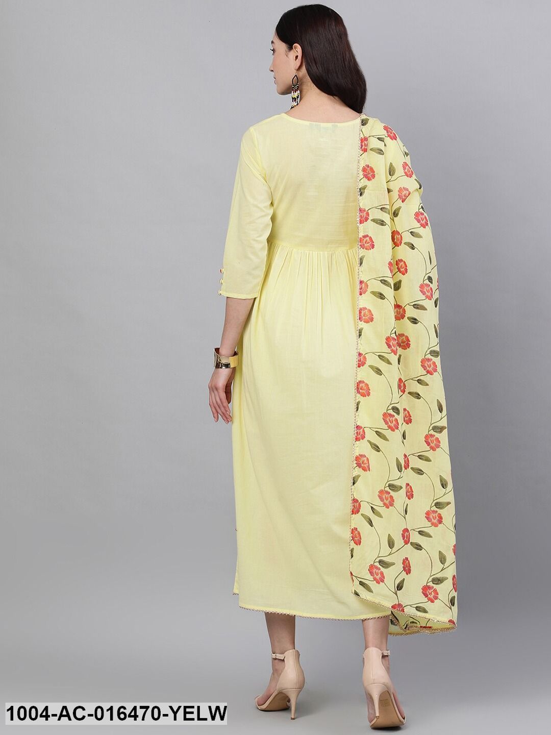 Yellow Solid Solid Round Neck Cotton Maxi Dress With Dupatta