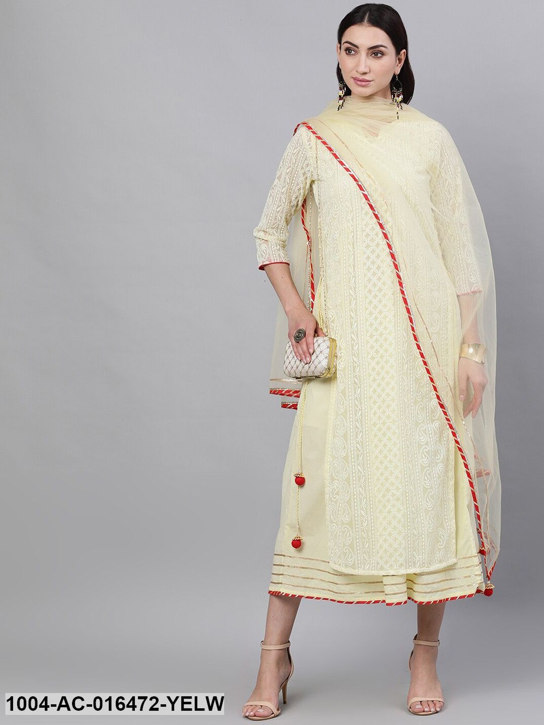 Lime yellow Self Design Self Design V-Neck Polyester Maxi Dress With Dupatta