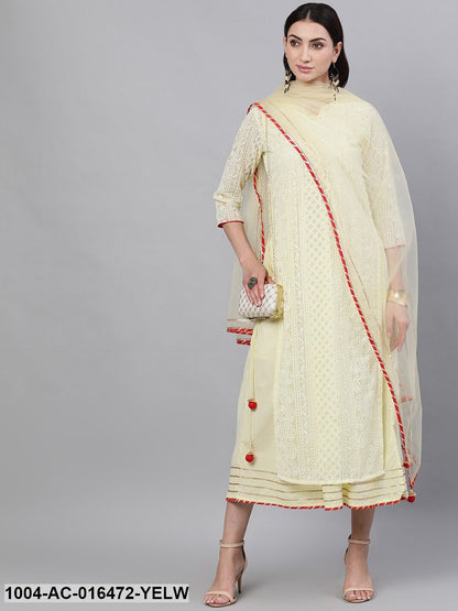 Lime yellow Self Design Self Design V-Neck Polyester Maxi Dress With Dupatta