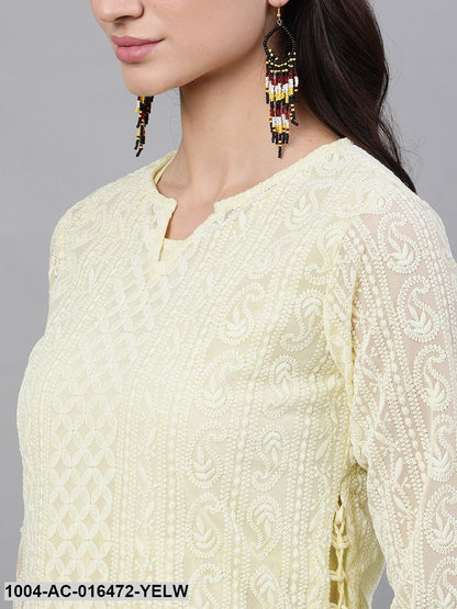 Lime yellow Self Design Self Design V-Neck Polyester Maxi Dress With Dupatta