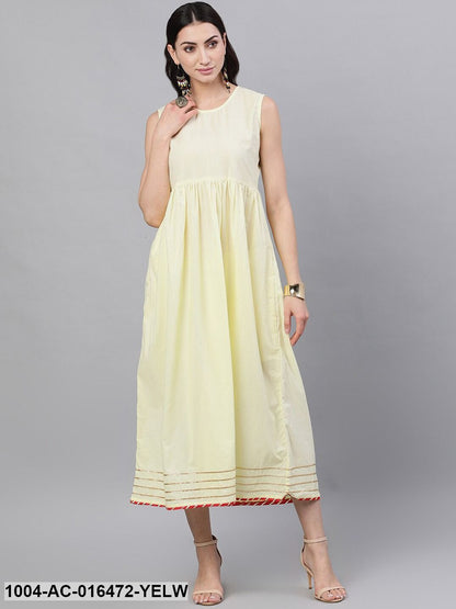 Lime yellow Self Design Self Design V-Neck Polyester Maxi Dress With Dupatta