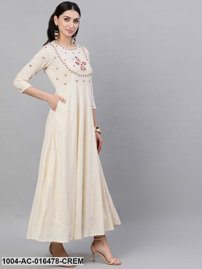 Off White Solid Solid Round Neck Viscose Rayon Maxi Dress With Dupatta