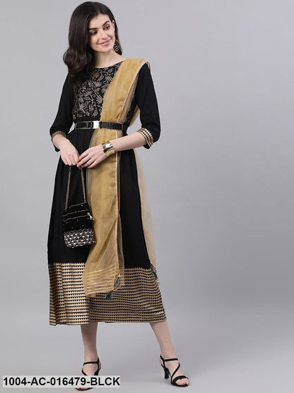 Black Floral Solid Round Neck Viscose Rayon Maxi Dress With Dupatta