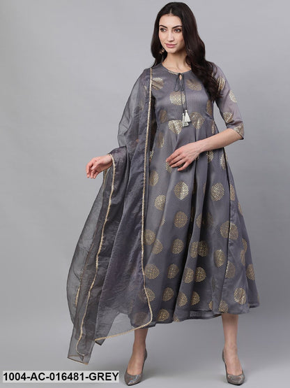 Grey Ethnic Motifs Printed Tie-Up Neck Cotton Maxi Dress With Dupatta