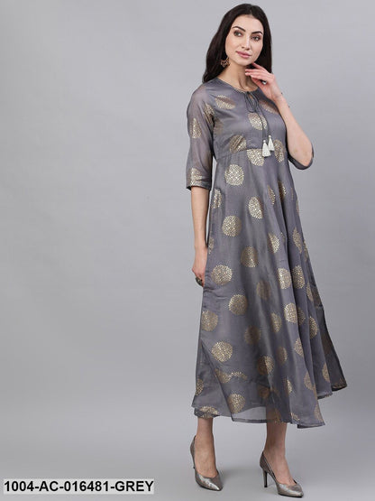 Grey Ethnic Motifs Printed Tie-Up Neck Cotton Maxi Dress With Dupatta