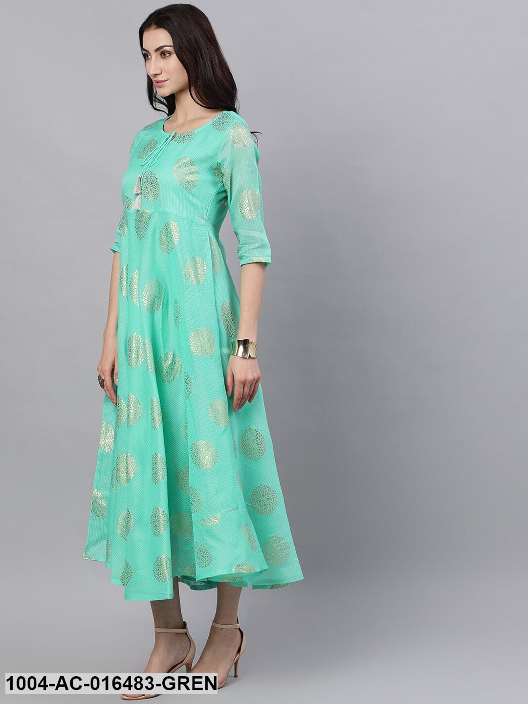 Green Ethnic Motifs Printed Tie-Up Neck Cotton Maxi Dress With Dupatta