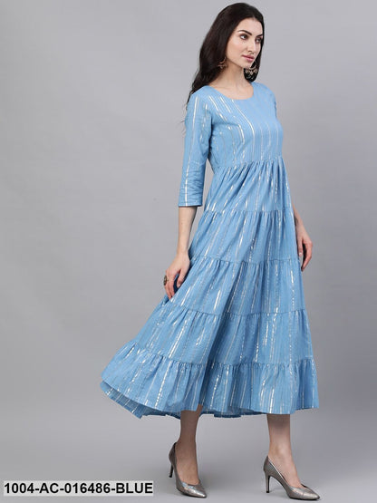 Blue Solid Solid Round Neck Cotton Maxi Dress