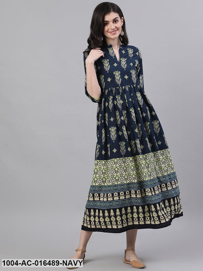 Navy Blue Ethnic Motifs Printed Mandarin Collar Cotton Maxi Dress