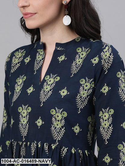 Navy Blue Ethnic Motifs Printed Mandarin Collar Cotton Maxi Dress