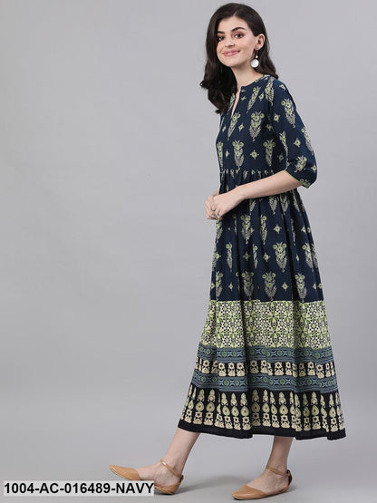 Navy Blue Ethnic Motifs Printed Mandarin Collar Cotton Maxi Dress