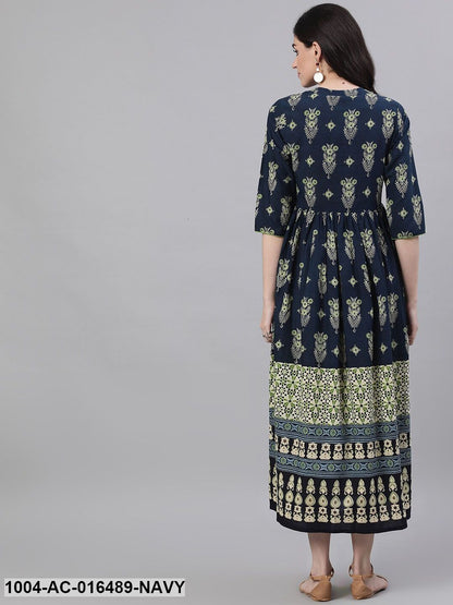 Navy Blue Ethnic Motifs Printed Mandarin Collar Cotton Maxi Dress