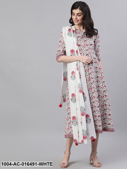White Ethnic Motifs Printed V-Neck Cotton Maxi Dress With Dupatta