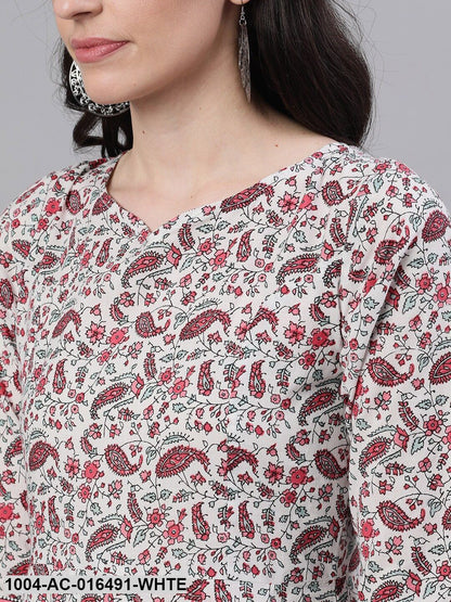 White Ethnic Motifs Printed V-Neck Cotton Maxi Dress With Dupatta