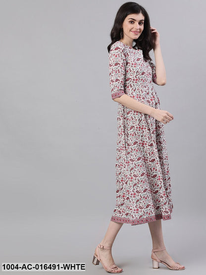 White Ethnic Motifs Printed V-Neck Cotton Maxi Dress With Dupatta