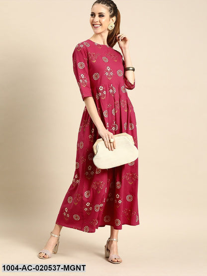 Magenta & Off-White Printed A-Line Dress