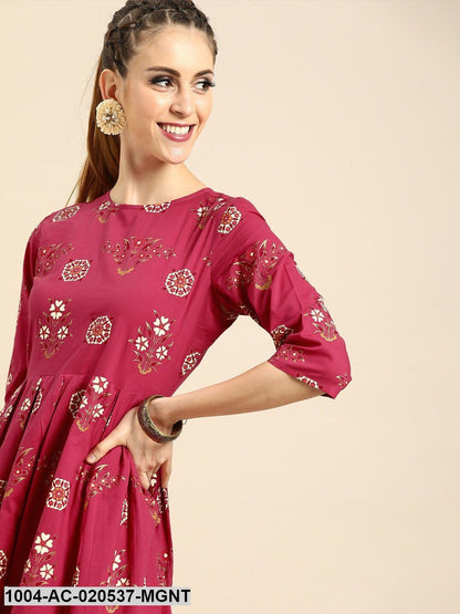 Magenta & Off-White Printed A-Line Dress