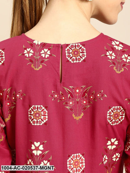 Magenta & Off-White Printed A-Line Dress