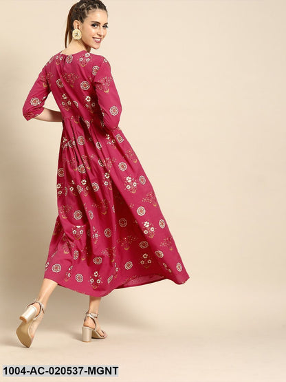 Magenta & Off-White Printed A-Line Dress