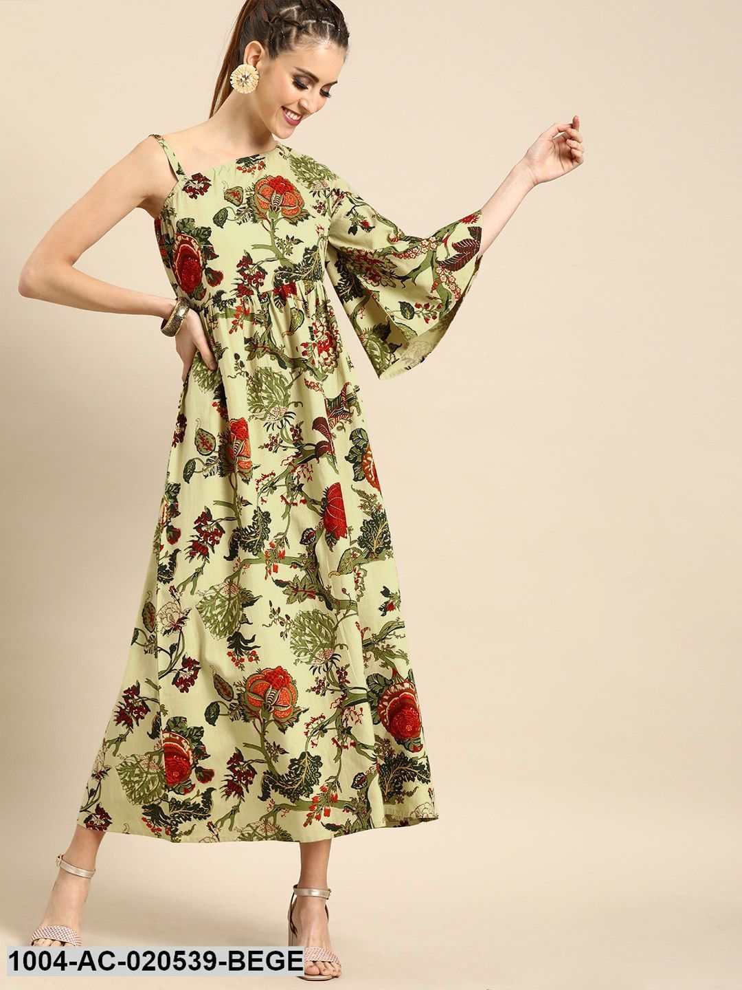 Beige & Green Printed Fit and Flare Dress