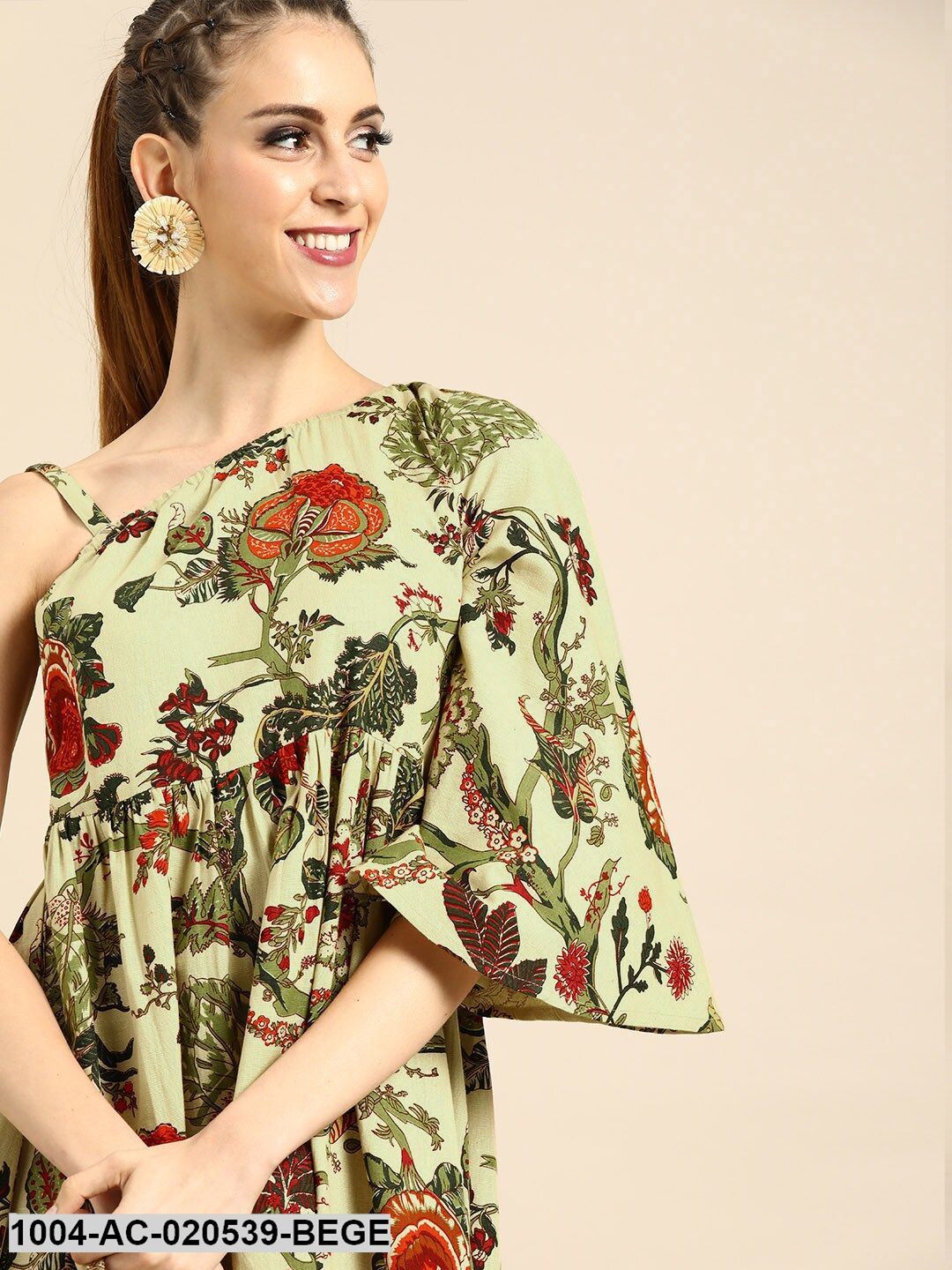 Beige & Green Printed Fit and Flare Dress