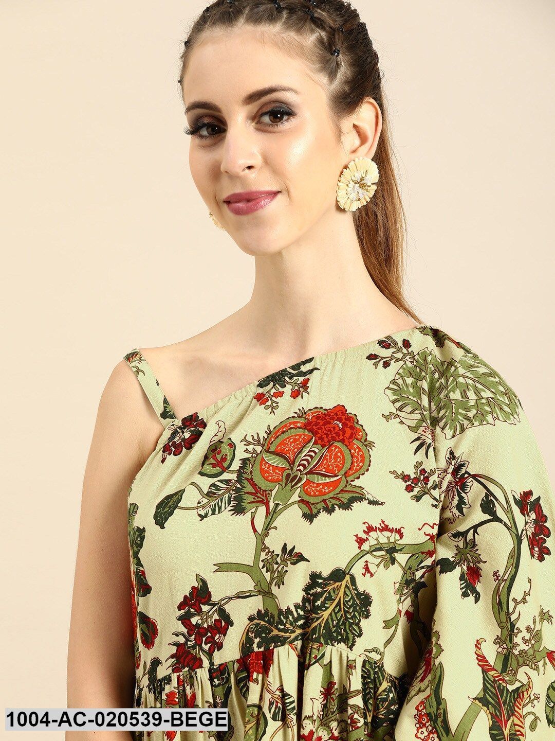 Beige & Green Printed Fit and Flare Dress