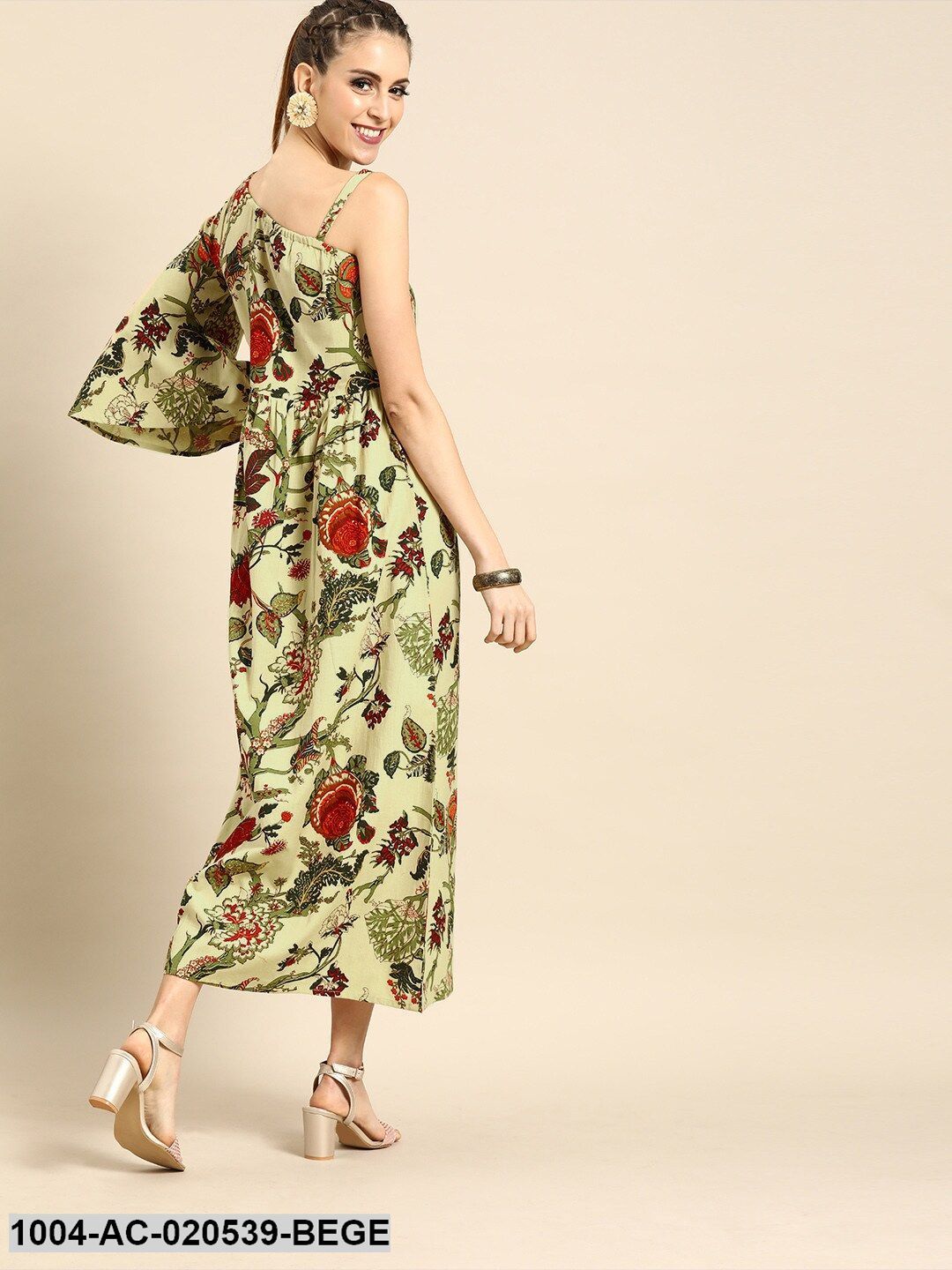 Beige & Green Printed Fit and Flare Dress