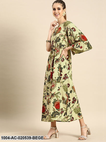 Beige & Green Printed Fit and Flare Dress