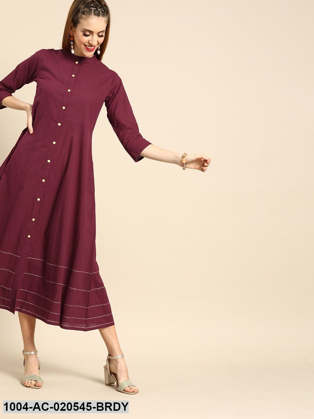 Burgundy Solid Fit and Flare Dress With Gathered & Thread Detail