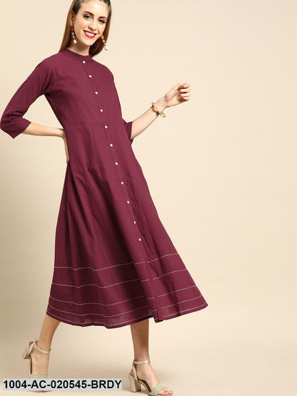 Burgundy Solid Fit and Flare Dress With Gathered & Thread Detail
