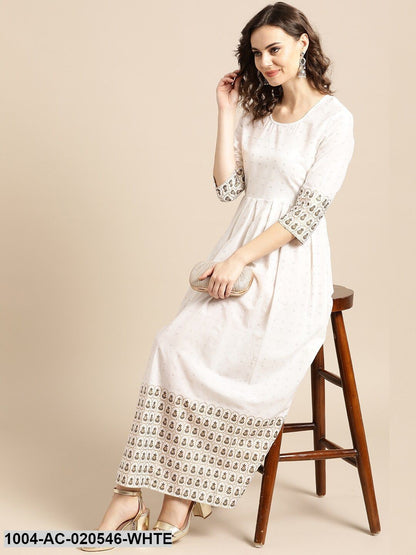 White & Golden Printed Maxi Dress