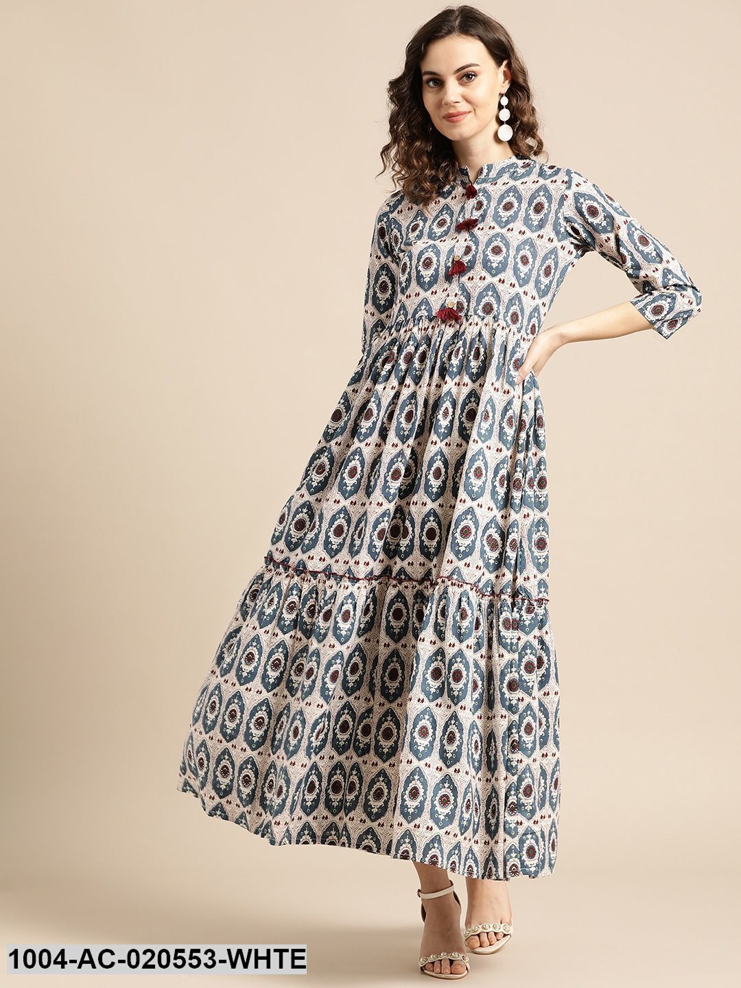 White & Teal Blue Printed Maxi Dress