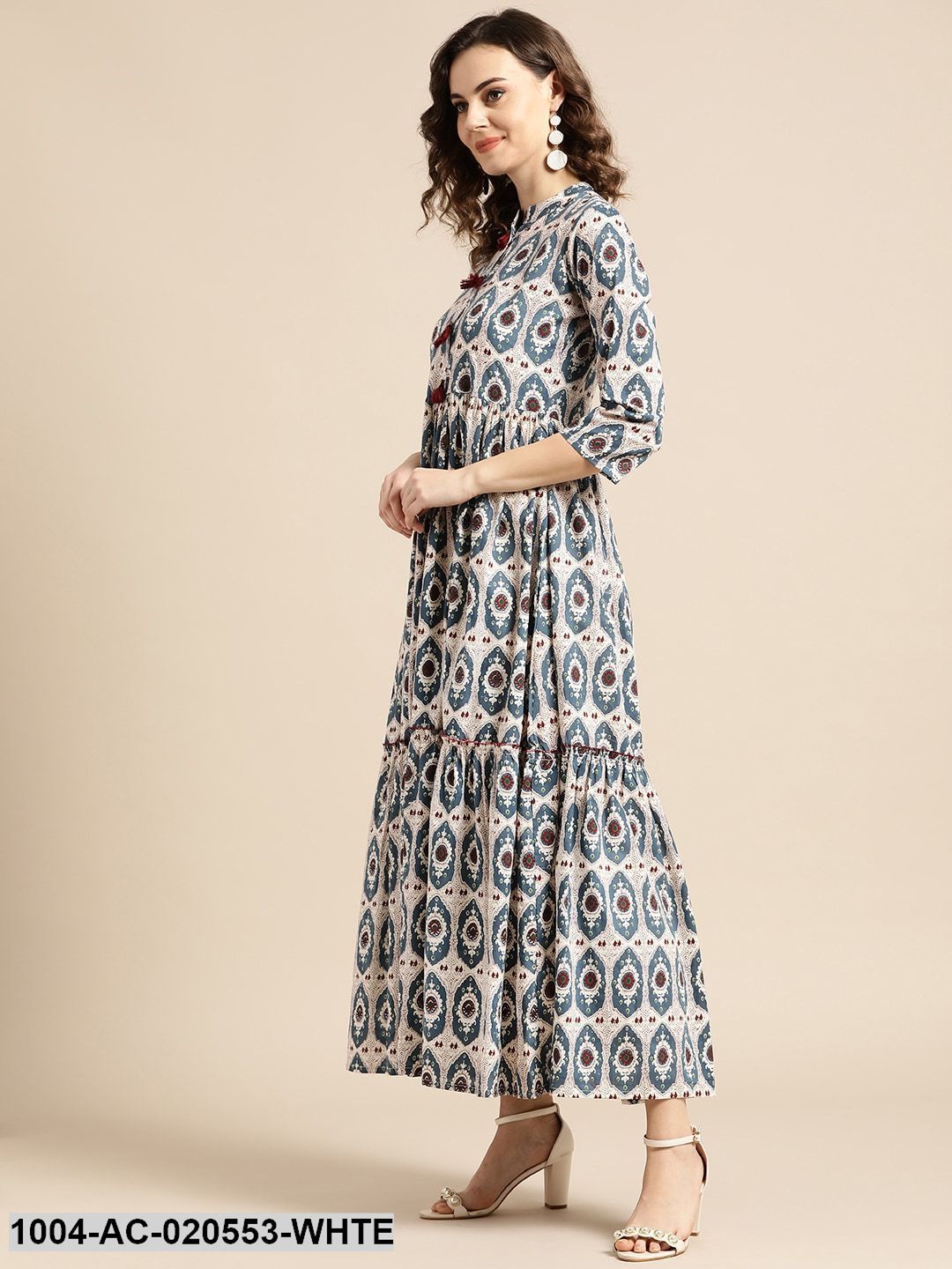 White & Teal Blue Printed Maxi Dress