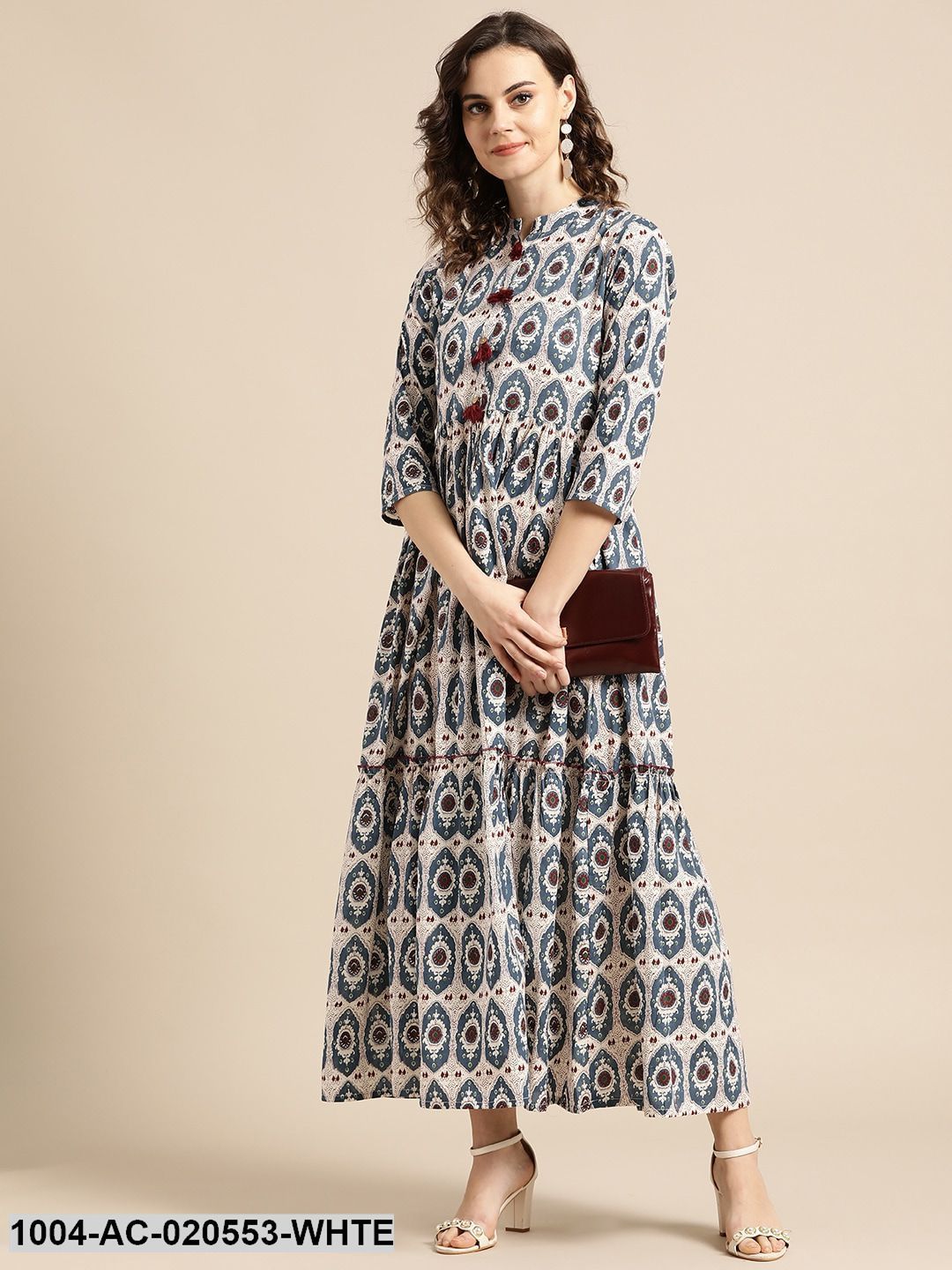 White & Teal Blue Printed Maxi Dress
