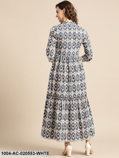 White & Teal Blue Printed Maxi Dress