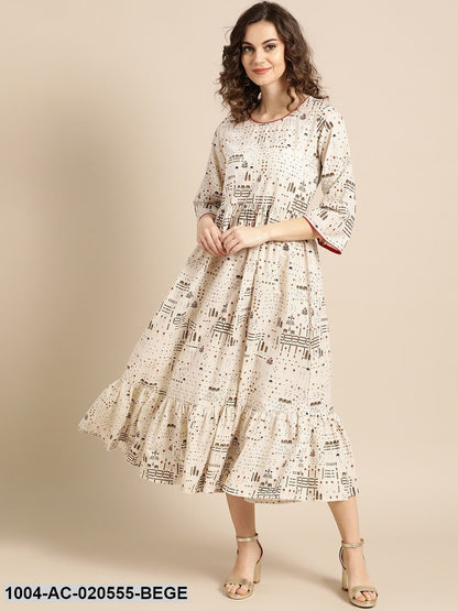 Beige & Brown Printed A-Line Dress