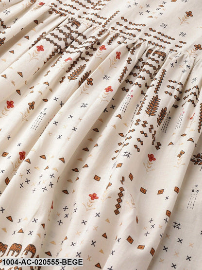 Beige & Brown Printed A-Line Dress