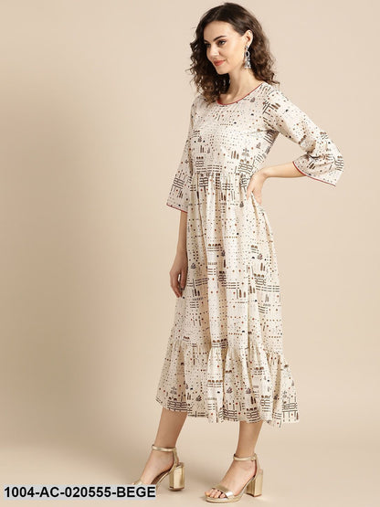 Beige & Brown Printed A-Line Dress