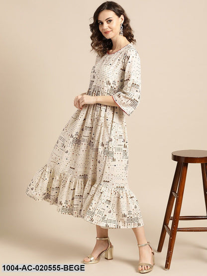 Beige & Brown Printed A-Line Dress