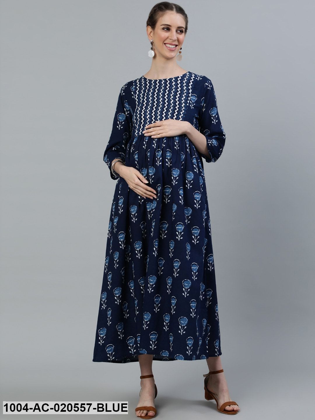 Blue Ethnic Motifs Maternity Maxi Dress