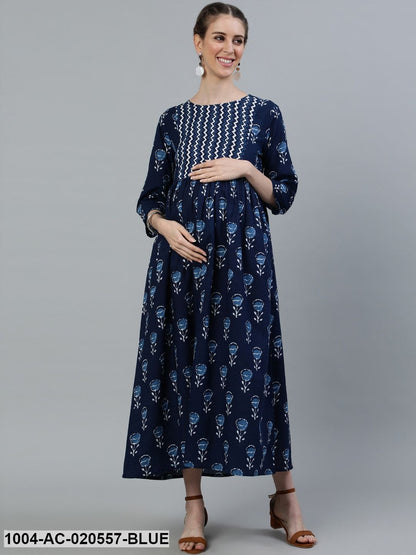 Blue Ethnic Motifs Maternity Maxi Dress