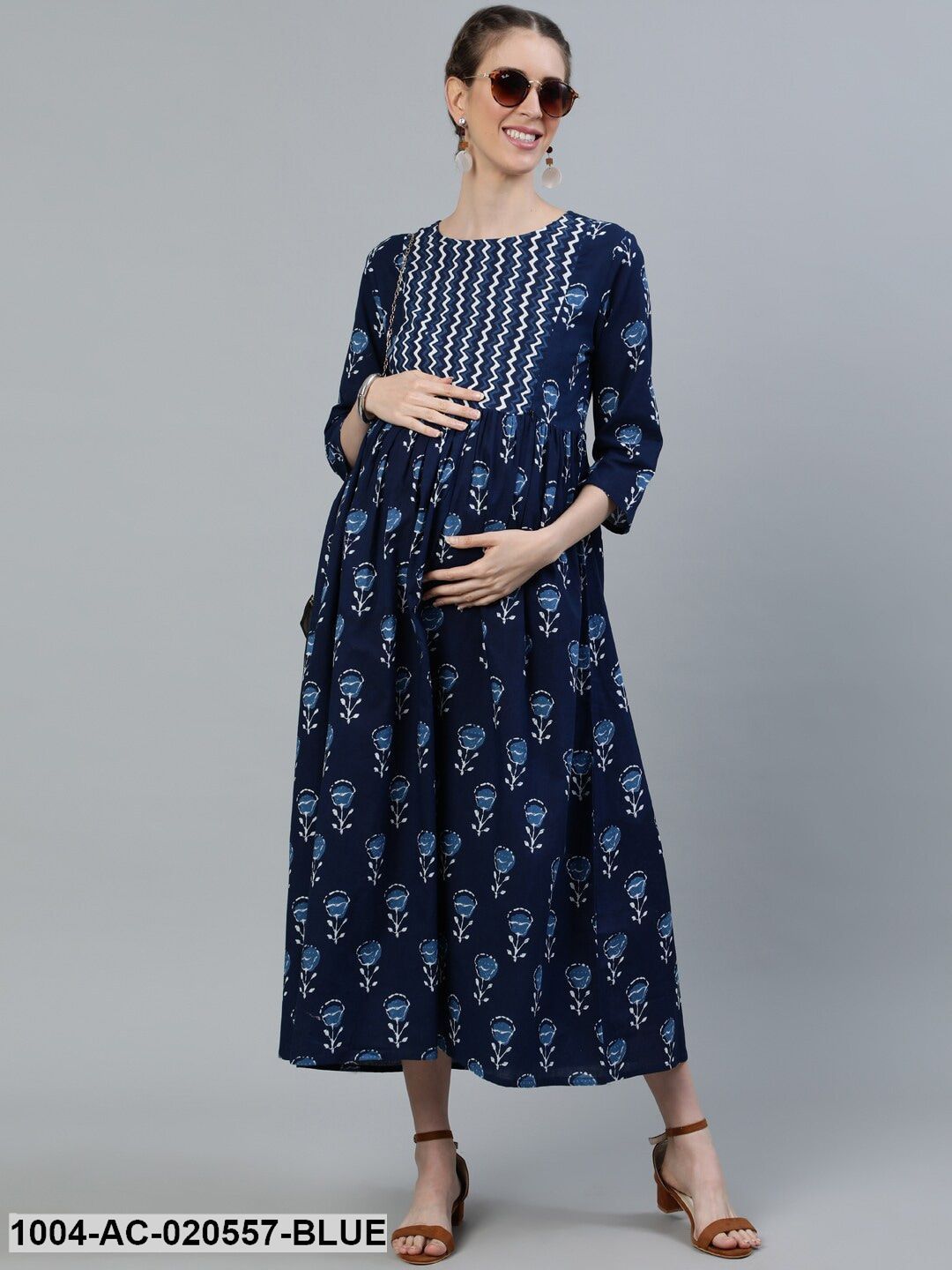 Blue Ethnic Motifs Maternity Maxi Dress