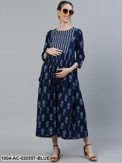 Blue Ethnic Motifs Maternity Maxi Dress