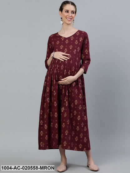 Maroon Ethnic Motifs Cotton Maternity Maxi Dress