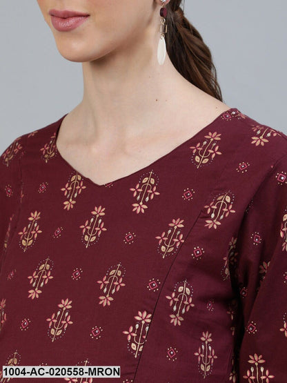 Maroon Ethnic Motifs Cotton Maternity Maxi Dress