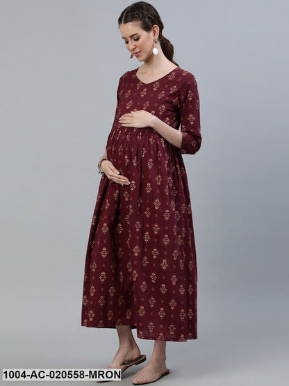 Maroon Ethnic Motifs Cotton Maternity Maxi Dress