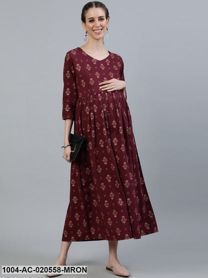 Maroon Ethnic Motifs Cotton Maternity Maxi Dress